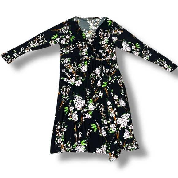 Yock Black Label Floral Black Faux Wrap Front Long Sleeve V-Neck Midi Dress - Picture 9 of 16